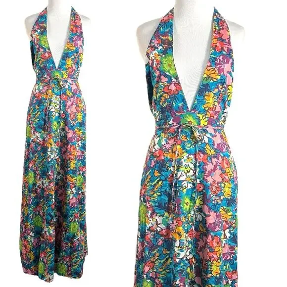 Free People Retro 60s 70s Floral Psychedelic Saffron Halter Maxi Dress Large - Picture 9 of 14
